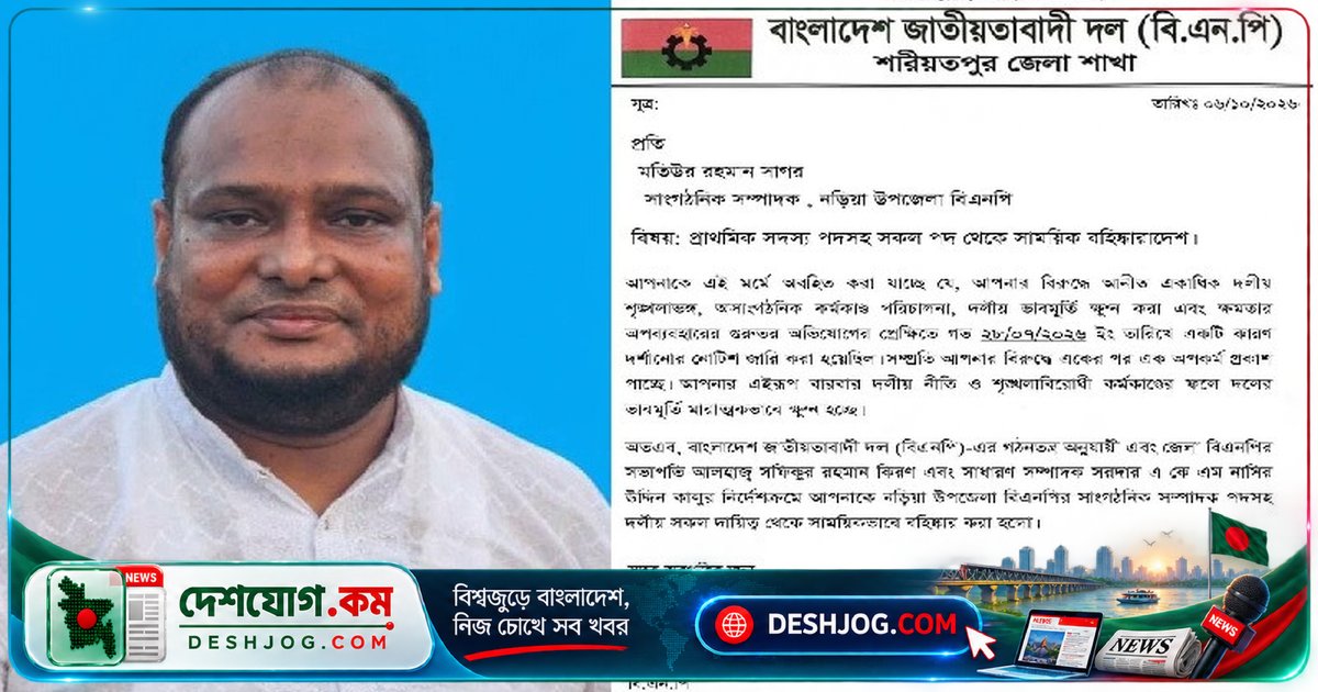 বিএনপি নেতা মতিউর রহমান সাগরকে দলীয় শৃঙ্খলা ভঙ্গের অভিযোগে বহিষ্কার করা হয়েছে