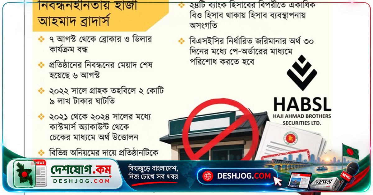 পুঁজিবাজারে হাজী আহমাদ ব্রাদার্সের কার্যক্রম স্থগিত: গ্রাহক তহবিলে ঘাটতি ও সনদ মেয়াদ শেষের কারণে